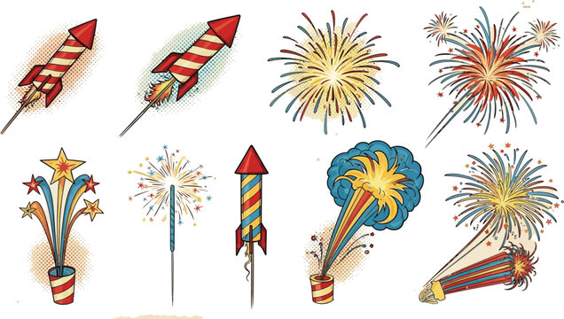 Various colorful firework rocket and burst illustrations are displayed against a white background for celebration graphics.