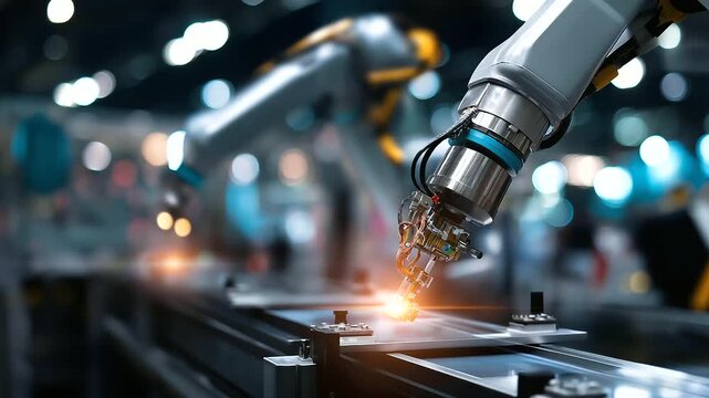 Modern industrial production line with automated robotic arms, efficient manufacturing process display, factory automation scene, precision production system, defocused assembly