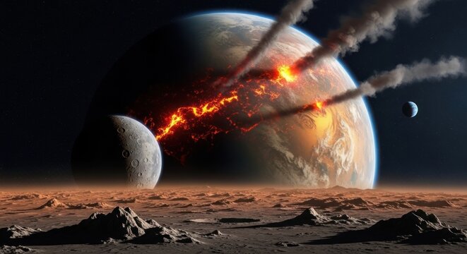 Cosmic Collision of Celestial Bodies in Space.