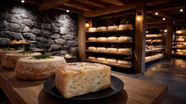 Traditional rustic cheese cellar with aging wheels on wooden shelves and a slice of Swiss-style cheese on a plate. Ideal for gourmet food manufacturing and artisanal dairy promotion.