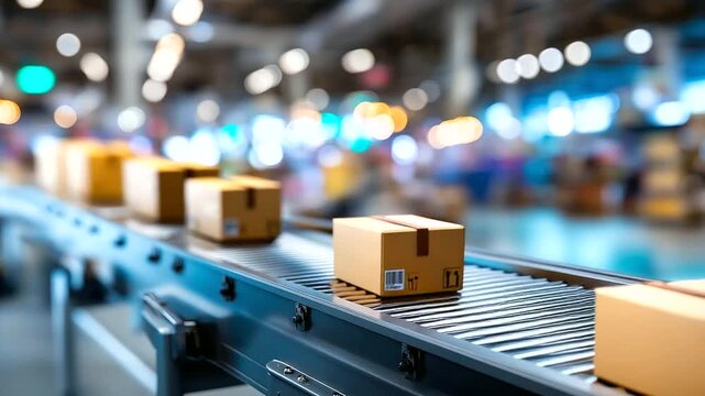 Barcode scanners processing cardboard boxes on automated conveyor in high-tech fulfillment center, logistics technology, defocused warehouse, with copy space