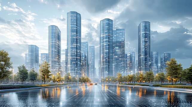 Marketing Concept of Megacity With Modern Skyline and Digital Grid Creative Visualisation of Urban Strategy Innovation In Branding and Commercial Growth