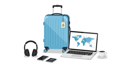 Remote worker's mobile office setup with laptop, headphones, and luggage on a global journey