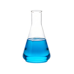 A laboratory flask filled with bright blue liquid on transparent background