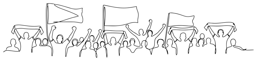 One continuous line drawing of cheering fans with flags at a football match © Logan