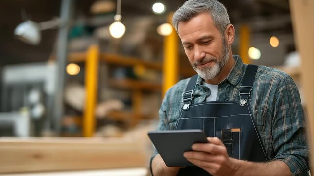 Carpenter with tablet in workshop planning furniture production, online research activity, serious entrepreneur with tech for inventory, project in small business, faceless