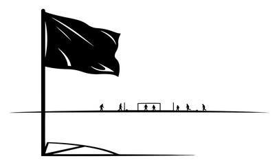 Perspective of a soccer field seen from behind a corner flag with distant players © Logan