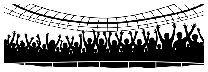 Cheering stadium crowd silhouette with raised hands under architectural roof © Logan