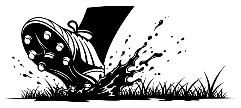 Dynamic silhouette of a soccer boot kicking into grass and splashing mud