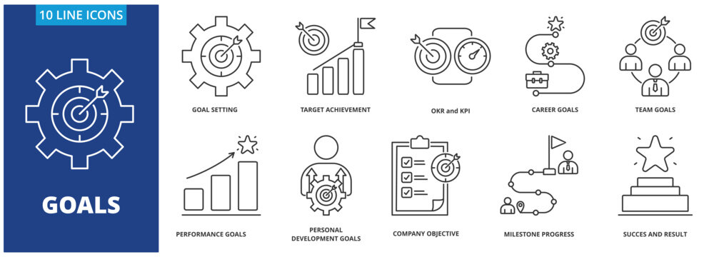 GOALS icon vector illustration concept. Icon pack contain goal setting, target achievement, okr & kpi, career goals, team goals, performance goals, personal development goals, company objectives