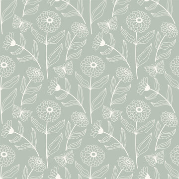 Seamless sage green floral pattern with butterflies line art