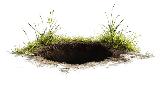 Fresh green grass growing around a deep hole in the ground isolated on a transparent background soil