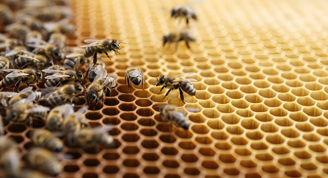 Golden honeycomb filled with industrious honeybees, a close-up view of the hexagonal wax cells and buzzing insects.