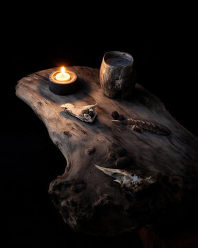 Arctic memorial still life with a soapstone lamp, muskox horn cup, caribou meat on sealskin, and a snowy owl feather on driftwood, dark background