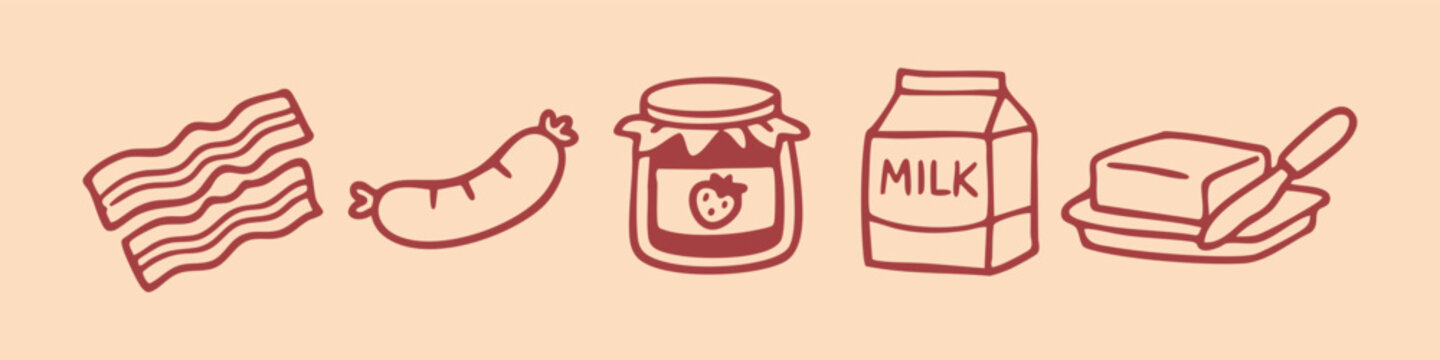 Hand-drawn doodle icons of breakfast foods including bacon, sausage, strawberry jam, milk carton, and butter on a cream background.