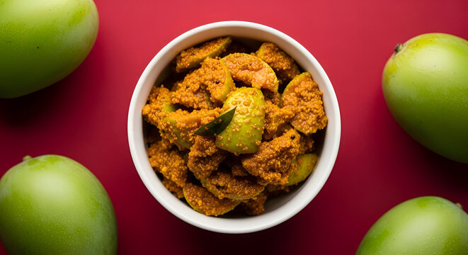 Vibrant Indian mango pickle presented in a white bowl, surrounded by fresh green mangoes on a rich red background, showcasing a traditional culinary delight with a bold.
