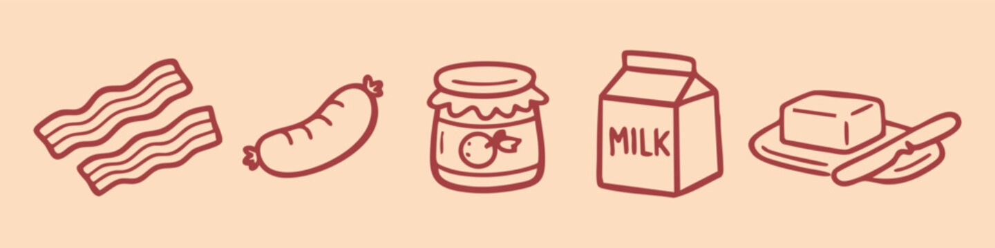 Hand-drawn breakfast food icon set including bacon, sausage, jam jar, milk carton, and butter. Minimalist brown outline doodle on a beige background.