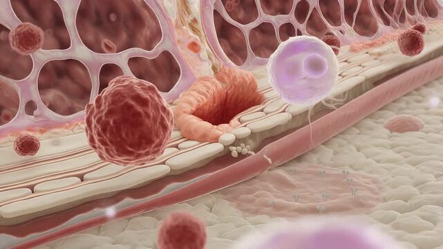 Monocyte migration toward chemokine source, a realistic microscopic scene showing cells moving through endothelium
