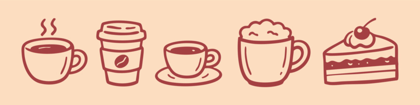 Set of hand-drawn coffee and dessert icons featuring espresso, takeaway cup, latte, and cherry cake slice. Minimalist cafe doodle illustrations.