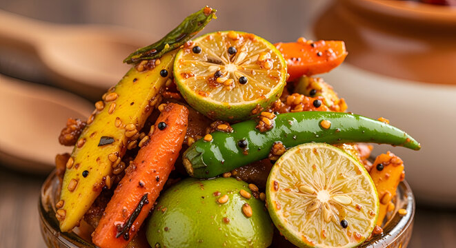 Close-up of a colorful, tangy Indian pickle assortment featuring slices of lime, mango, and vibrant green chilies, seasoned with spices and mustard seeds, presented in a rustic bowl.