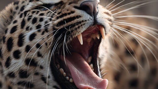 Extreme Close-up of Leopard Roaring with Mouth Wide Open and Sharp Fangs