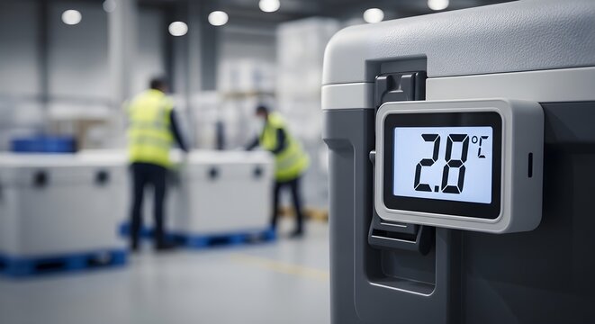 Digital thermometer on portable cooler displaying 2.8&deg;C, illustrating cold chain logistics and temperature monitoring in a modern warehouse with workers