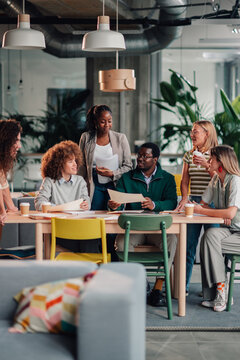 Diverse business team collaborating in comfortable office space