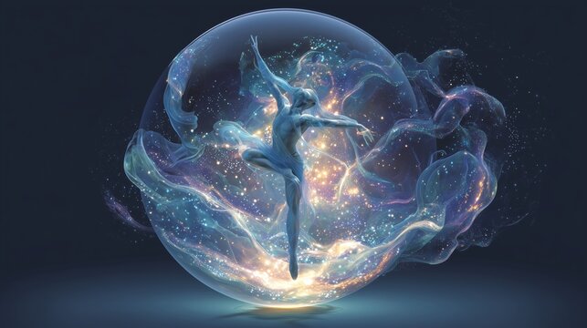Mystical dancer floating inside transparent glass sphere with cosmic galaxy energy, ethereal soul and inspiration concept digital art