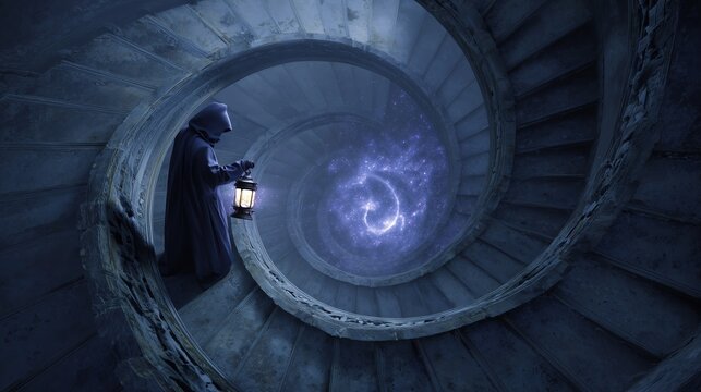 Mysterious cloaked figure with lantern on stone spiral staircase looking at cosmic galaxy portal, fantasy magic adventure digital art
