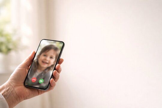 Close-up of a hand holding a smartphone during a video call with a smiling child, copy space background
(웃고 있는 아이와 영상 통화 중인 스마트폰을 든 손의 클로즈업과 여백 배경)