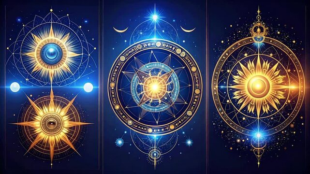Three illuminated celestial panels featuring intricate gold patterns on a dark blue space background