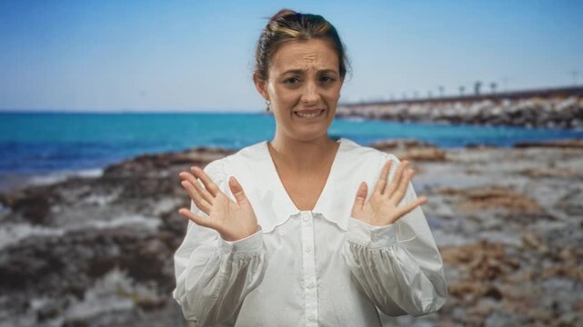 Woman at studio seaside set with hands raised and grimacing expression showing recoil gesture; disgust.