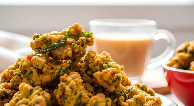 Golden-brown, crispy fritters with vibrant green herbs, presented on a white plate alongside a steaming glass of milky tea, bathed in soft, diffused daylight.