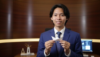 Obraz premium Young businessman holding a delicate white paper origami bird symbolizes new ideas and future plans