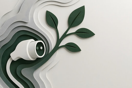 3D papercut electric vehicle EV charging plug with growing green plant leaves