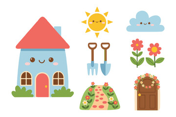 Fototapeta premium Cute House Exterior and Garden Nature Flat Vector Illustration