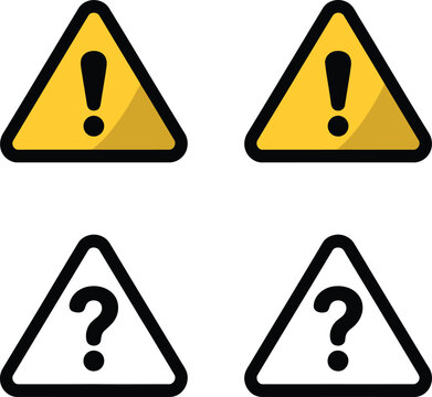 Set of warning and unknown symbols depicted as triangular icons with exclamation and question marks Vector