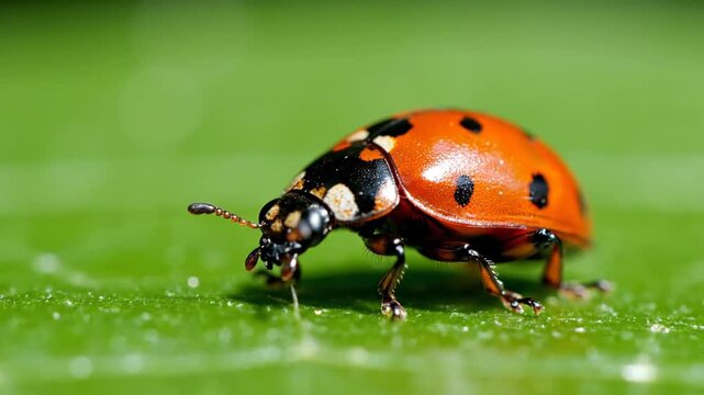 Close up ladybug insect crawling on green leaf