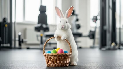 White Easter rabbit holding basket with colorful eggs