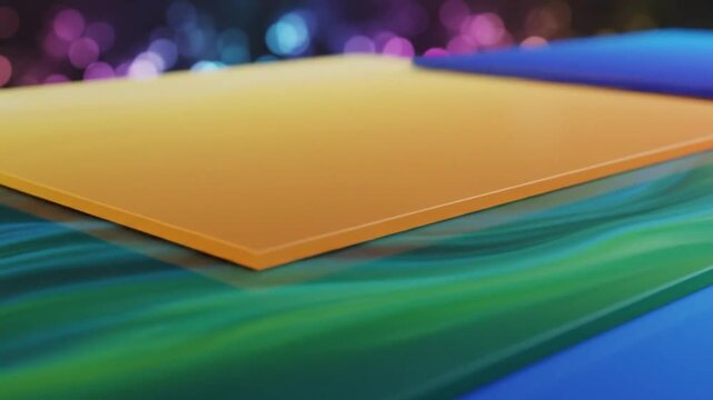 Close-up of a stack of colored paper sheets with a blurred background of city lights at night.