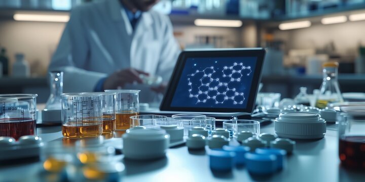 Healthcare science concept featuring pharmaceutical pills and herbal samples in laboratory setting for research and drug formulation