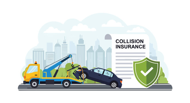 Modern vector illustration of car towing after road accident, represent collision insurance. Vehicle claim support and coverage assistance concept