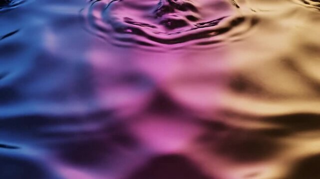Close-up of colorful ripples on water surface with blurred pink, purple, and blue reflections in the background.
