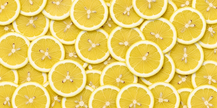 Vibrant lemon slices arranged in a seamless, full-frame pattern, showcasing bright citrus fruit with a clean, minimalist aesthetic and a sunny, cheerful disposition, ideal for backgrounds.