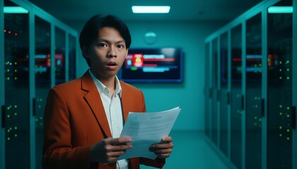 Fototapeta premium Worried asian it professional holding important documents in a secure data center experiencing system errors