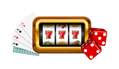 Slot machine screen, playing cards, and dice. Vector illustration.