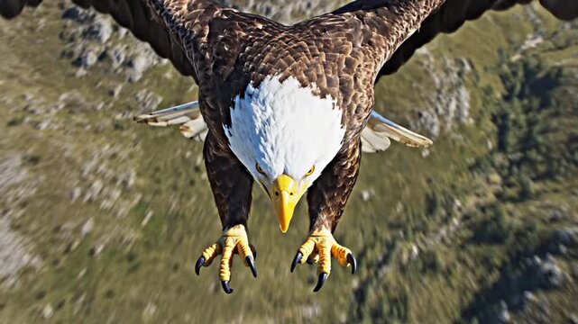 Majestic Bald Eagle Soaring Over Rugged Mountainside in Dramatic Aerial Flight