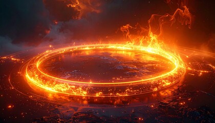 ダークグラデーション背景にオレンジの発光エネルギーリングが浮かぶ未来的抽象背景。
中心の光輪からスピードラインとライトストリークが広がり、強いエネルギー感を演出。
暖色のテックグローがデジタルテクノロジーとSFの雰囲気を表現。