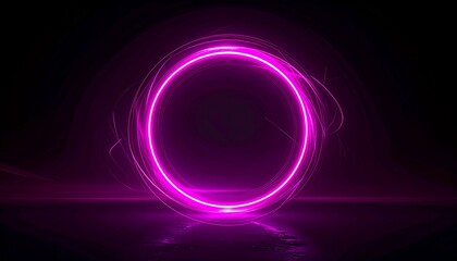 ダークで滑らかなグラデーション背景にマゼンタネオンリングが発光する未来的抽象背景。
中心のエネルギーハローからモーションストリークが広がりスピード感を演出。
高コントラストの光とネオン発光がサイバーなテクノロジー空間を表現。