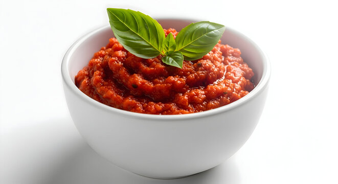 Vibrant tomato sauce with fresh basil garnish, served in a white bowl, showcasing a rich, textured consistency and appealing color, perfect for Italian cuisine and culinary presentations.
